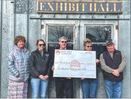 	Platte Valley Bank presents check to Morrill County Fairgrounds for $100,000